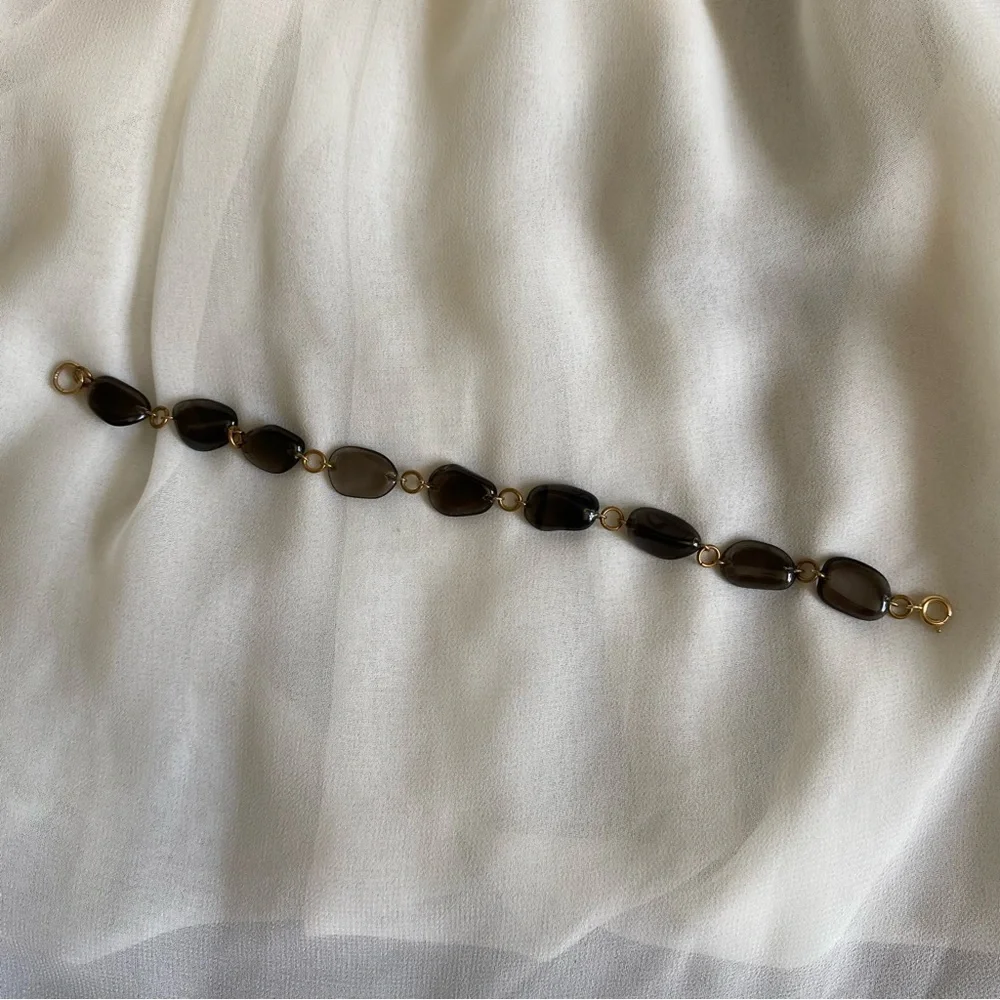 Vintage Smoky Brown Quartz Glass Bead Bracelet – Gold Chain Link